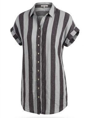 Striped Button-Front -Linen Shirt Dress - White & Gray